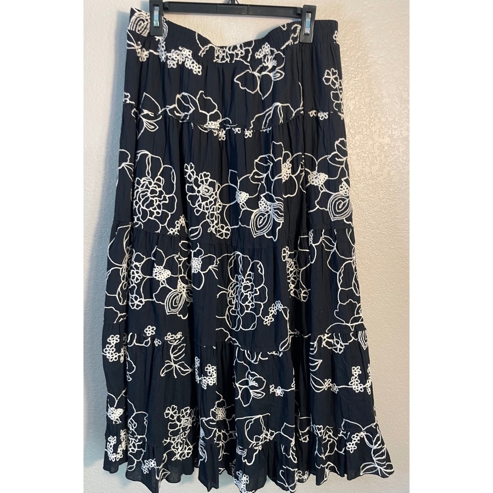Coldwater Creek Womens L Maxi Skirt Black White Floral Embroidered Tiered Boho